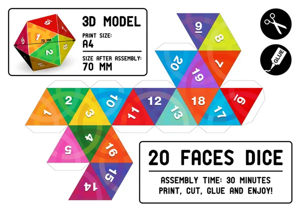 20-sided papercraft dice — Stock Vector