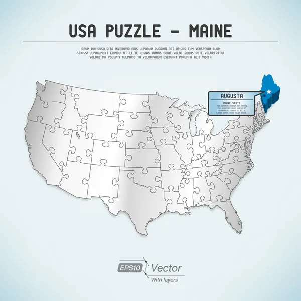 USA mapa puzzle - jeden stát jedna hádanka kus - maine, augusta — Stockový vektor