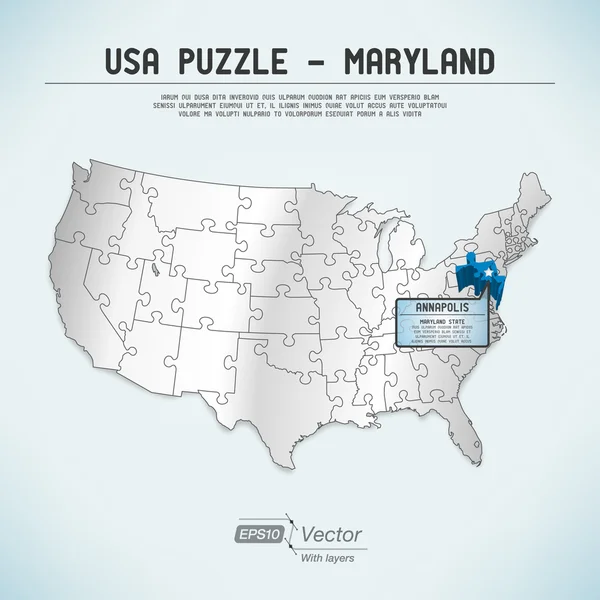 EE.UU. mapa del rompecabezas - Una pieza del rompecabezas de estado uno - Maryland, Annapolis — Vector de stock