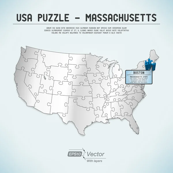 Puzzle mapa USA - jeden stát jedna logická kus - massachusetts boston — Stockový vektor