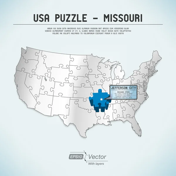 EE.UU. mapa del rompecabezas - Una pieza del rompecabezas de estado uno - Missouri, Jefferson City — Vector de stock