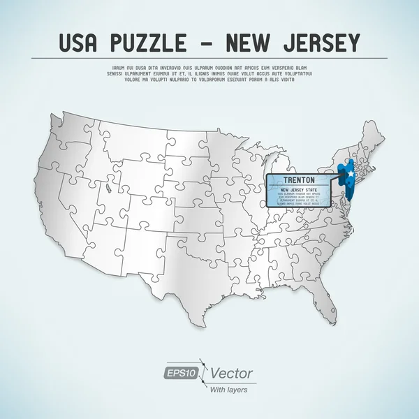 USA carte puzzle - Une pièce de puzzle état-un - New Jersey, Trenton — Image vectorielle