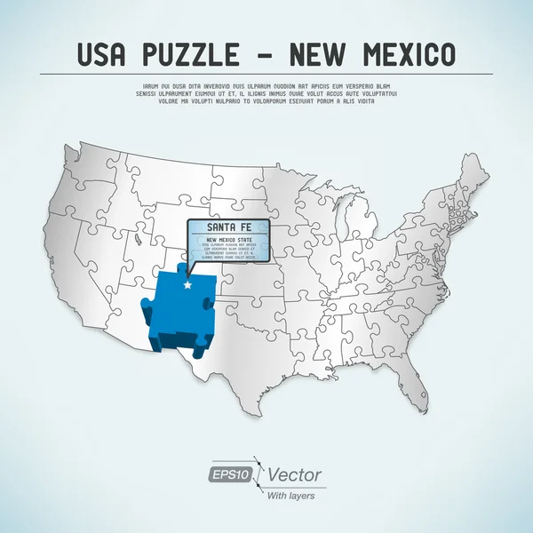 USA map puzzle - One state-one puzzle piece - Nuovo Messico, Santa Fe — Vettoriale Stock