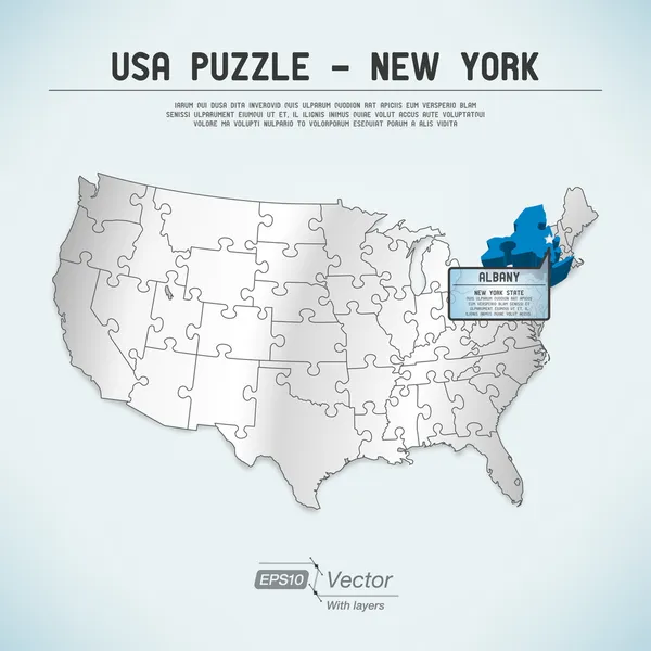 Puzzle mappa di usa - uno stato-un puzzle pezzo - new york, albany — Vettoriale Stock