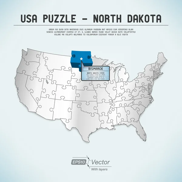 USA mapa puzzle - jeden stát jedna hádanka kus - severní dakota, bismarck — Stockový vektor