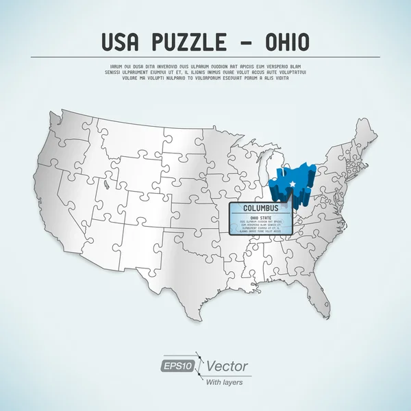 EE.UU. mapa del rompecabezas - Una pieza del rompecabezas de estado uno - Ohio, Columbus — Vector de stock