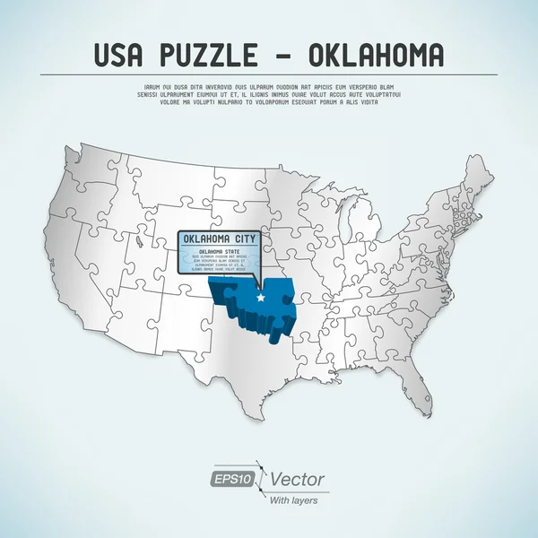 Usa map puzzle - ein Staat-ein Puzzleteil - oklahoma, oklahoma city — Stockvektor