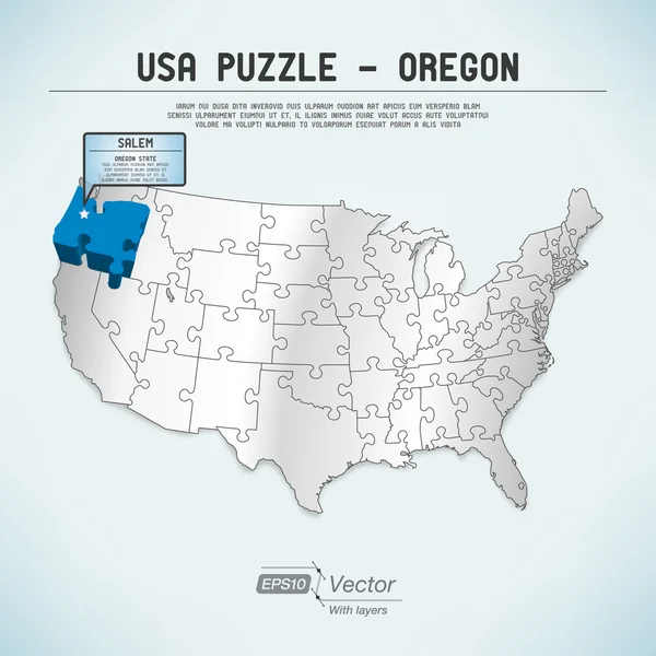 Puzzle mapa USA - jeden stát jedna logická kus - oregon, salem — Stockový vektor