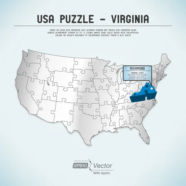 Usa map puzzle - ein staat-ein puzzleteil - virginia, richmond — Stockvektor