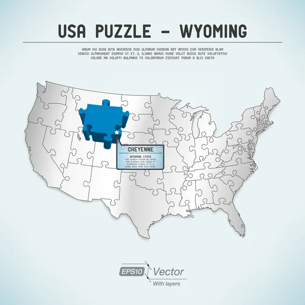 EE.UU. mapa del rompecabezas - Una pieza del rompecabezas de estado uno - Wyoming, Cheyenne — Archivo Imágenes Vectoriales