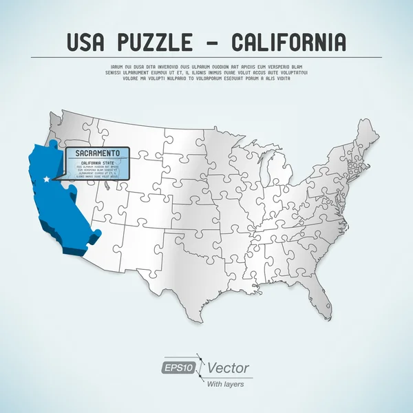 Puzzle mapa USA - jeden stát jedna logická kus - Kalifornie, sacramentoアメリカ合衆国地図 - 1 つの状態が 1 つパズル ピース - カリフォルニア州サクラメント — Stockový vektor