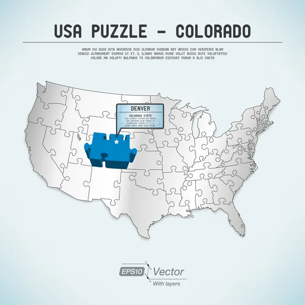 Puzzle mapa USA - jeden stát jedna logická kus - colorado, denver — Stockový vektor