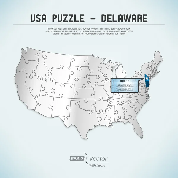 USA karta pussel - en stat-ett pussel bit - delaware, dover — Stock vektor