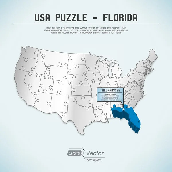 Puzzle mapa USA - jeden stát jedna logická kus - florida, tallahassee — Stockový vektor