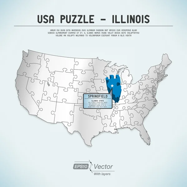 ABD Haritası puzzle - bir devlet-bir bulmaca parça - Illinois, springfield — Stok Vektör