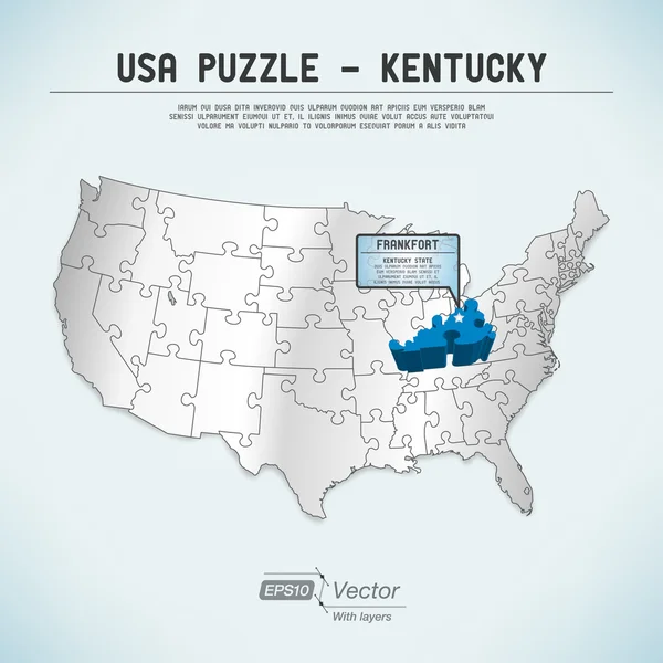 EE.UU. mapa del rompecabezas - Una pieza del rompecabezas de estado uno - Kentucky, Frankfort — Archivo Imágenes Vectoriales