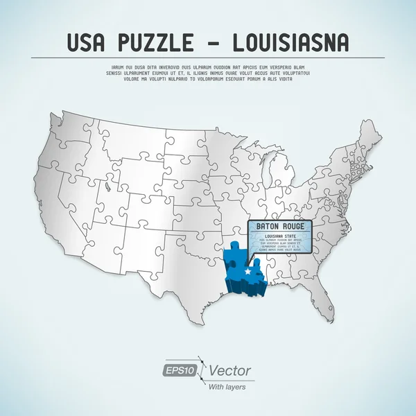 USA mapu puzzle - jeden stát jedna hádanka kus - louisiana, baton rouge — Stockový vektor
