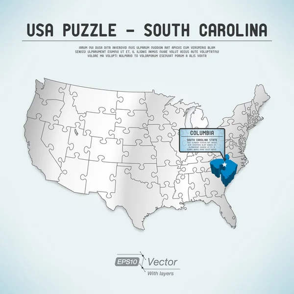 アメリカ合衆国地図パズル - 1 つの状態の 1 つのパズル ピース - サウスカロライナ州コロンビア ベクターグラフィックス