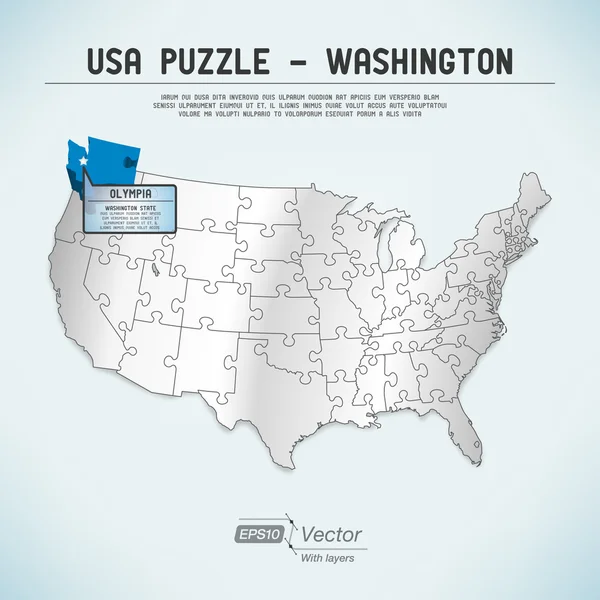 アメリカ合衆国地図パズル - 1 つの状態が 1 つのパズルのピース - ワシントン州オリンピア ストックイラスト