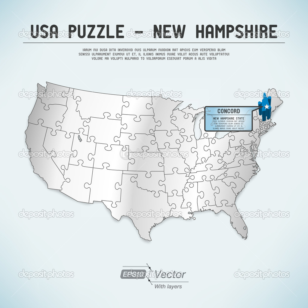 USA map puzzle - One state-one puzzle piece - New Hampshire, Concord