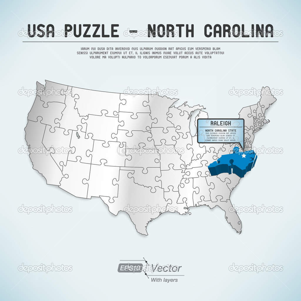 USA map puzzle - One state-one puzzle piece - North Carolina, Raleigh