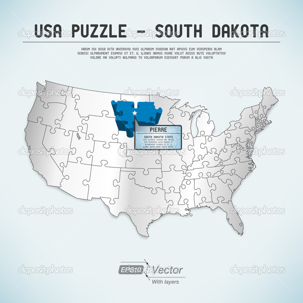 USA map puzzle - One state-one puzzle piece - South Dakota, Pierre