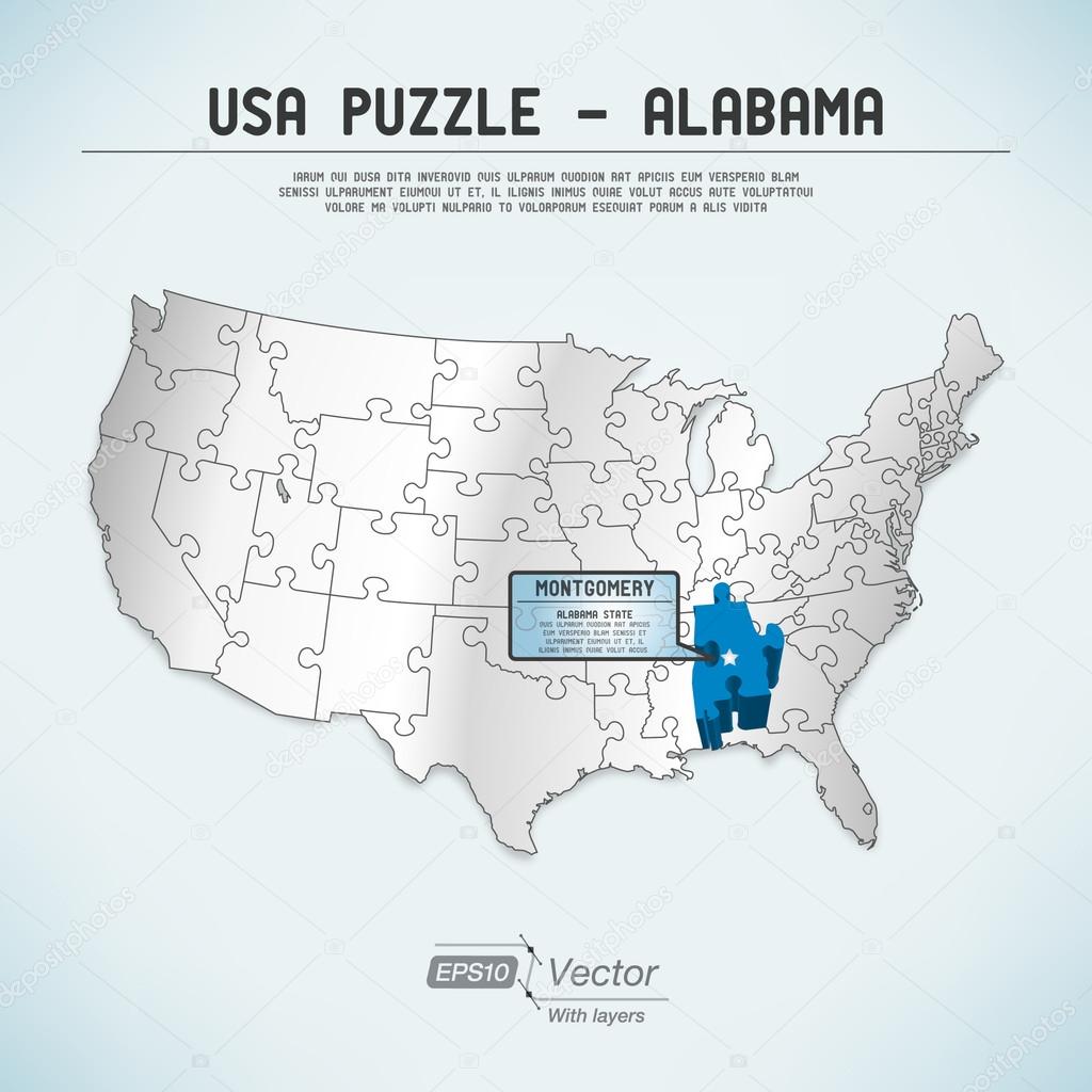 USA map puzzle - One state-one puzzle piece - Alabama, Montgomery