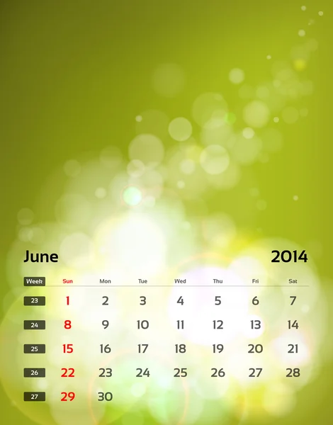 Calendario vectorial 2014 - Junio — Vector de stock