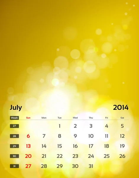 Calendario vectorial 2014 - Julio — Vector de stock