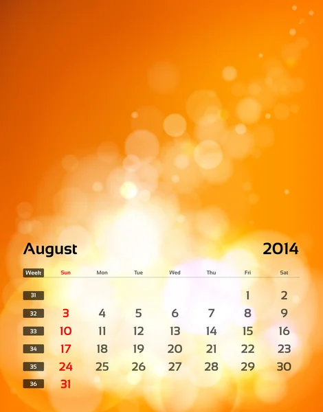 Calendario vectorial 2014 - agosto — Archivo Imágenes Vectoriales