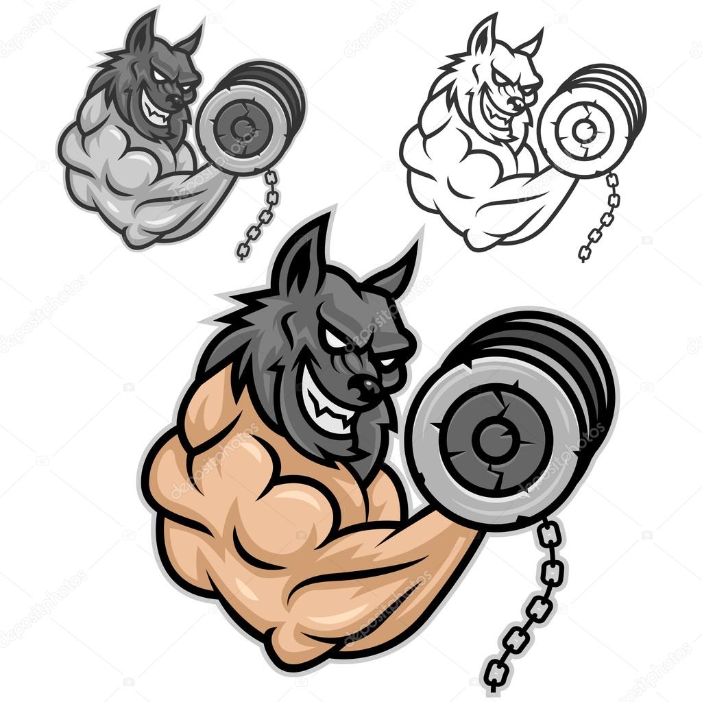 Wolf bodybuilder exercising with dumbbells