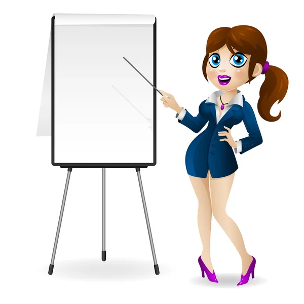 Belle femme d'affaires se tient près du tableau à feuilles mobiles et tient dans les mains un pointeur — Image vectorielle