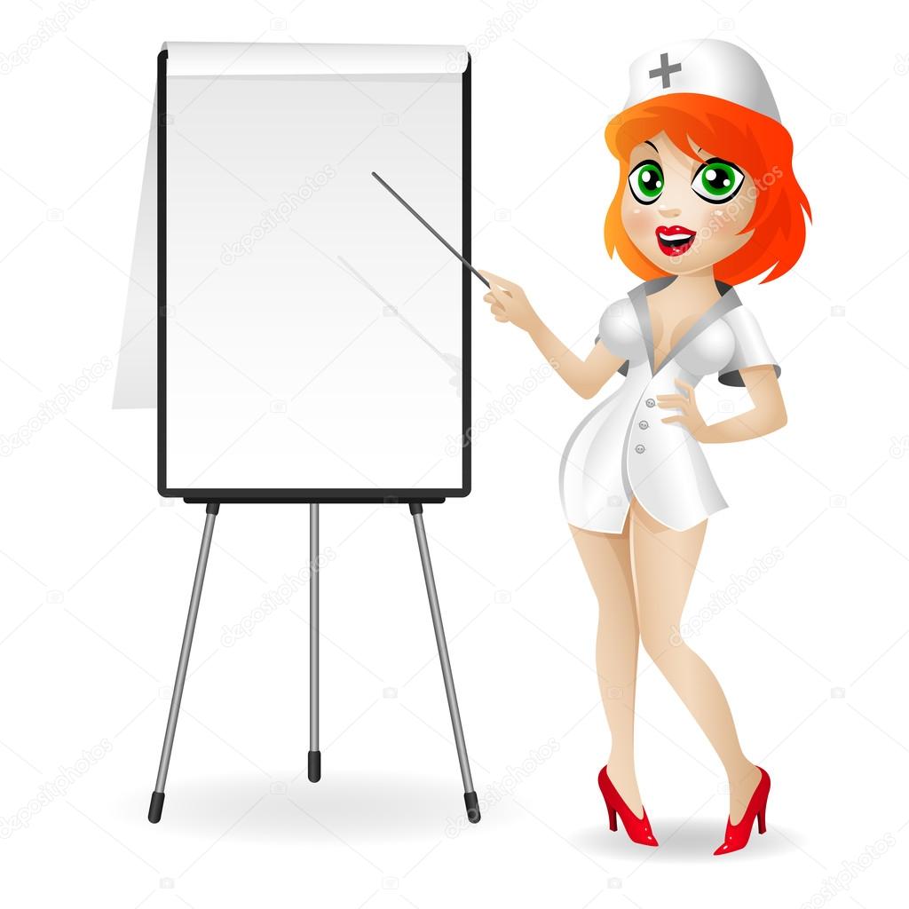 Attractive nurse stands near the flip chart and holds in hands a pointer