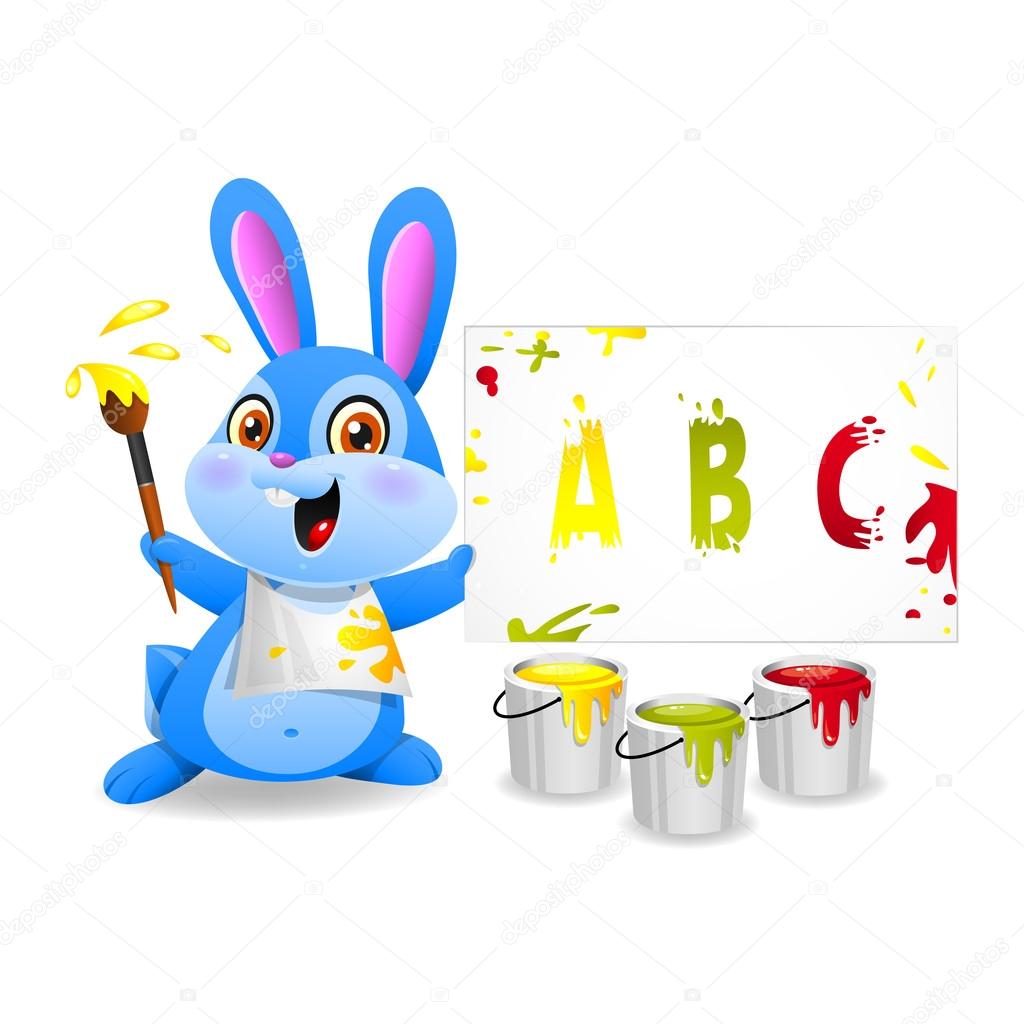 Cheerful rabbit draws on paper
