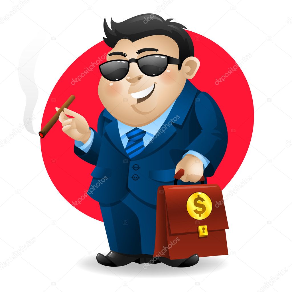 Businessman smoking cigar and holds suitcase