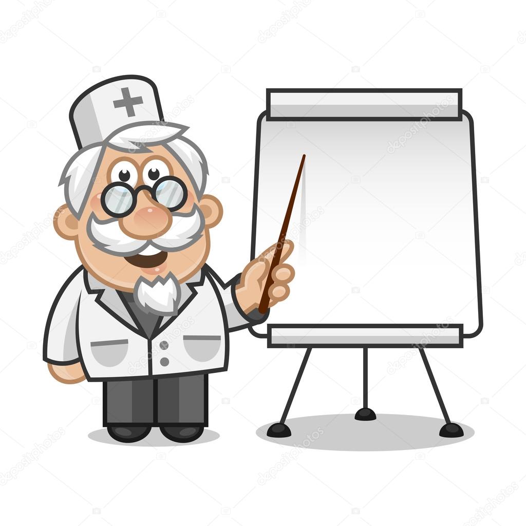 Doctor points on a flip chart