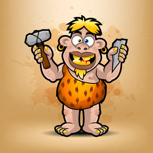 Neanderthal segura pedra e martelo — Vetor de Stock