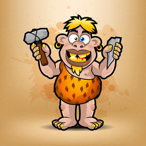 Neanderthal holds stone and hammer
