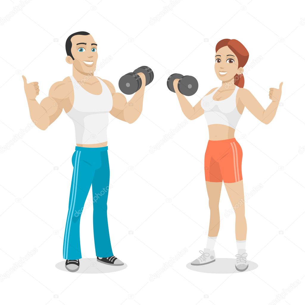 Guy and girl hold in dumbbell hand