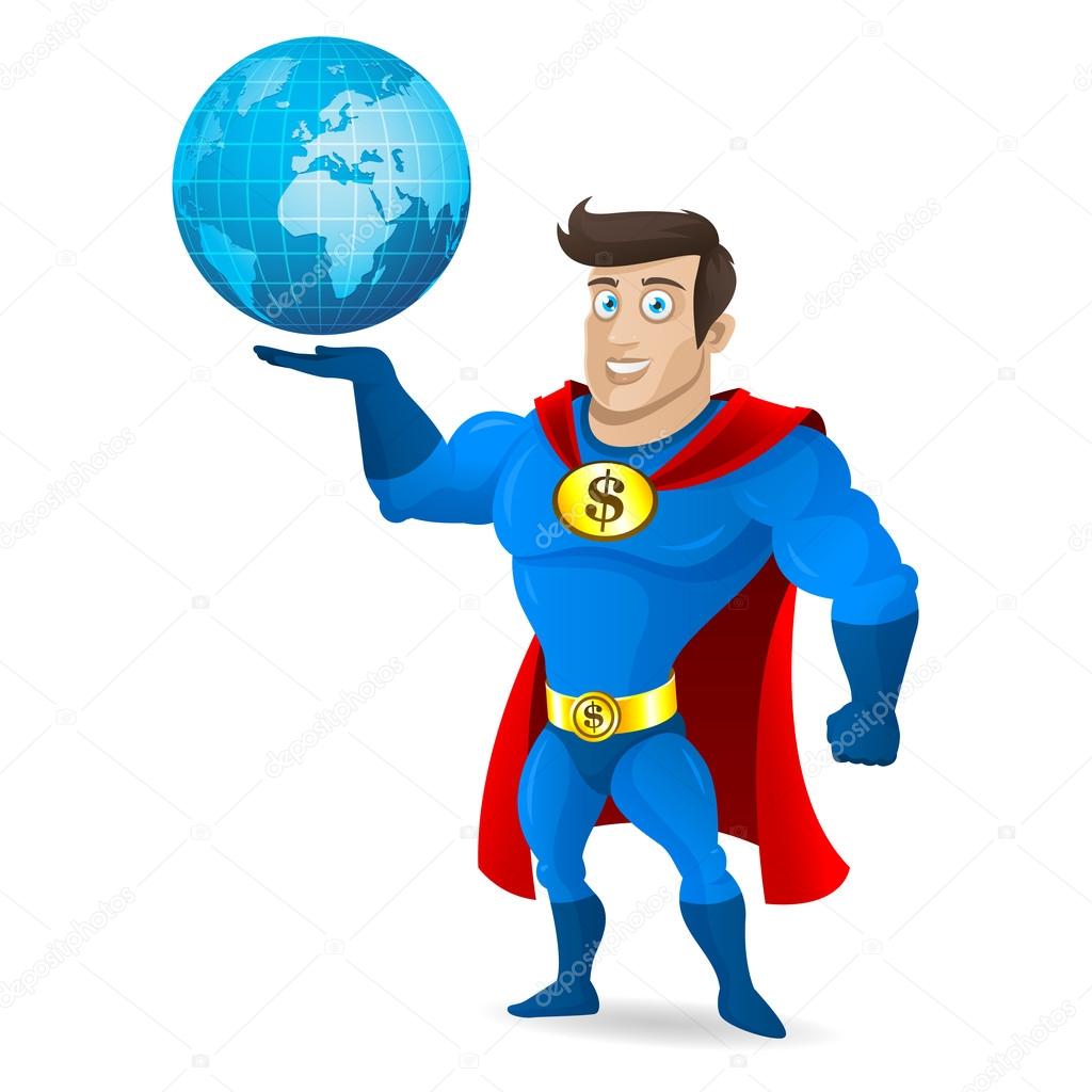 Superhero holds planet earth