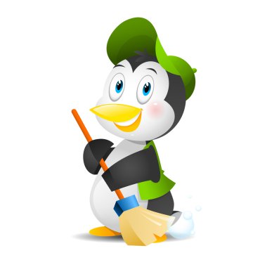 Penguen bir süpürge ile