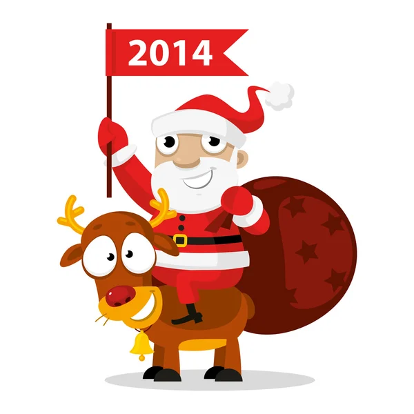 Santa Claus montando un reno — Vector de stock