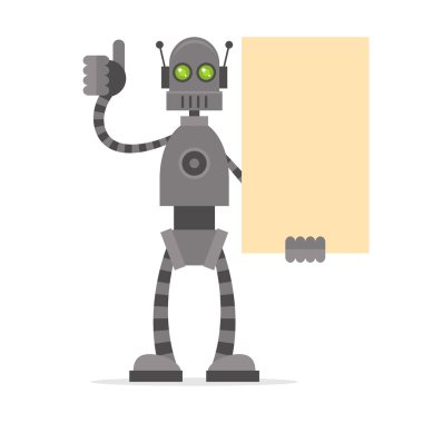 Robotu boş poster gösteren holding thumbs-up