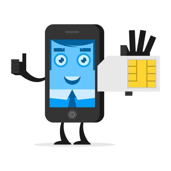 Character phone holds SIM card — Stock Vector