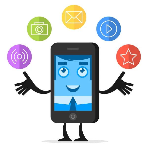 Personaje teléfono malabares con iconos de medios de comunicación — Vector de stock