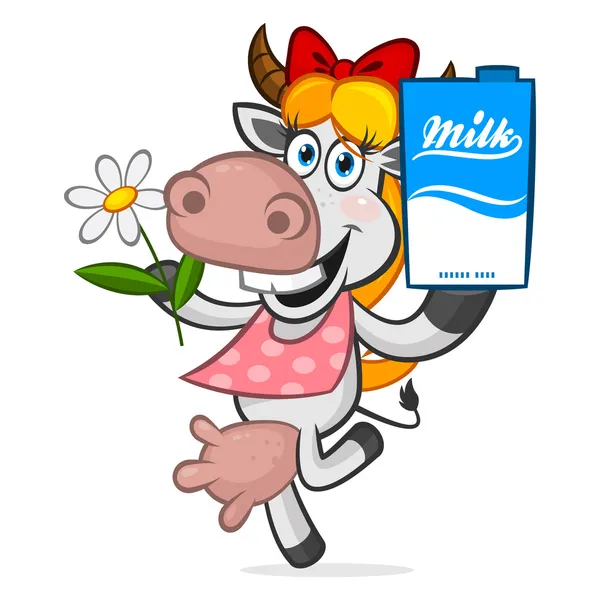 Cheerful cow holding carton of milk — Stock Vector