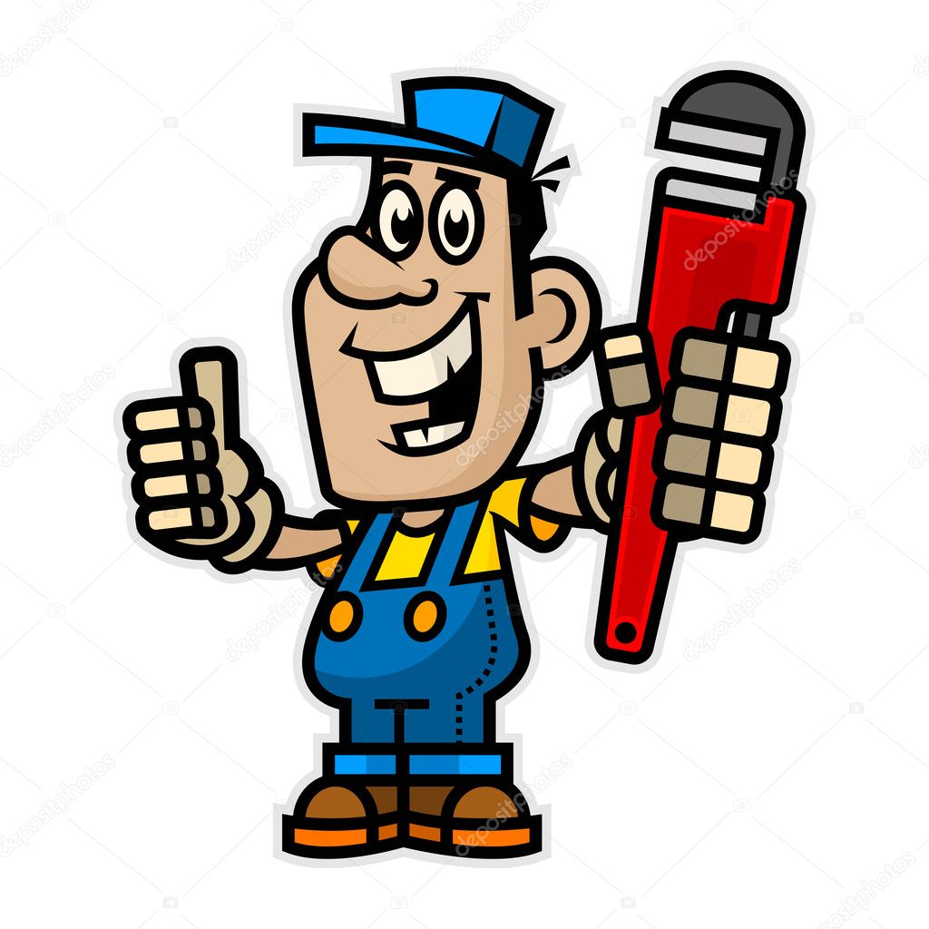 Illustration cheerful plumber holding pipe wrench, format EPS 8