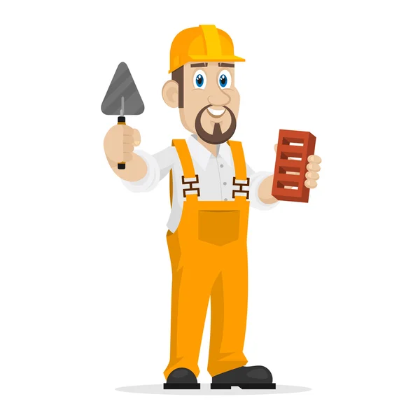 Construtor detém tijolo e espátula — Vetor de Stock