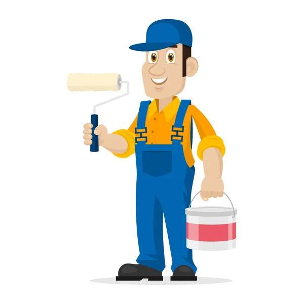 Painter holds roller and bucket — Stock Vector