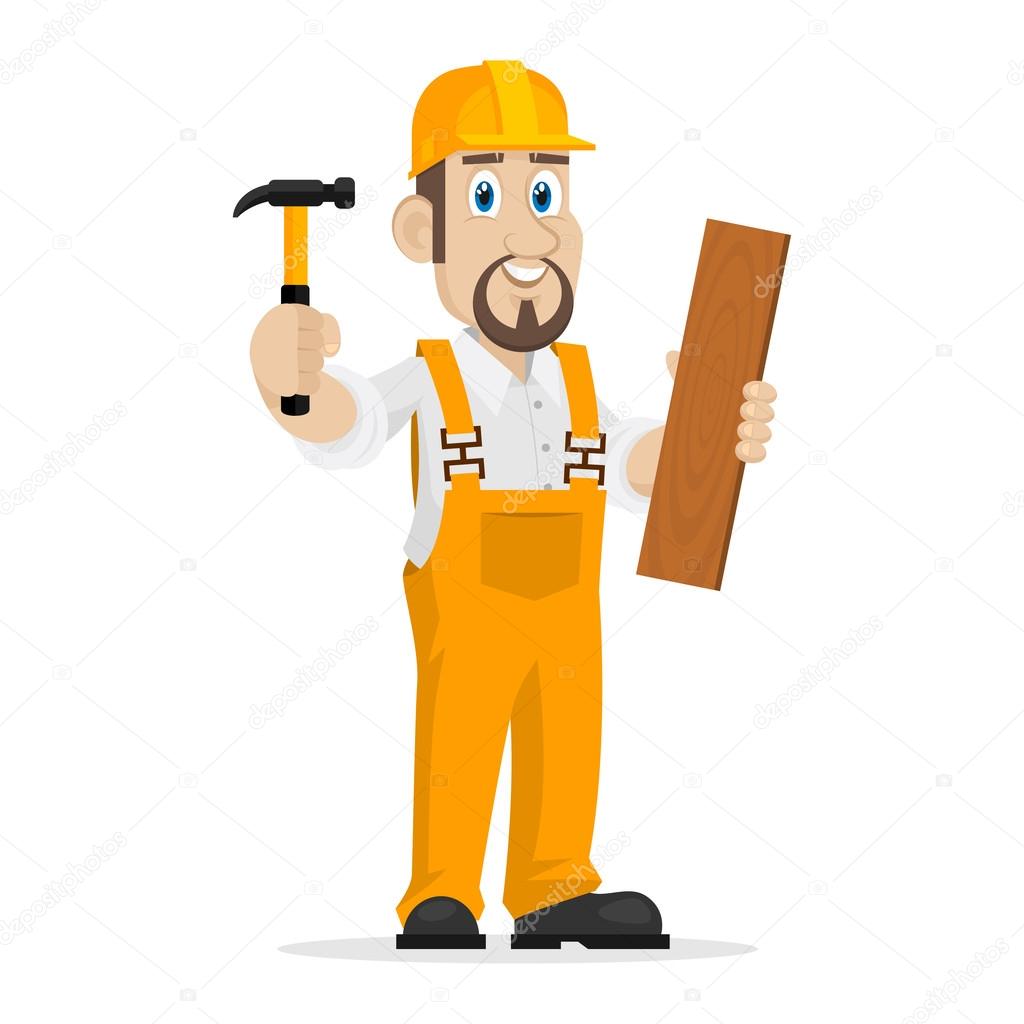 Builder holds hammer and wooden board